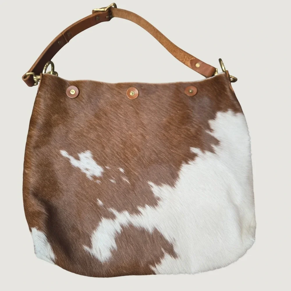 Handcrafted Cowhide Hobo Bag Brown White Hair Hide Leather Strap Large Western